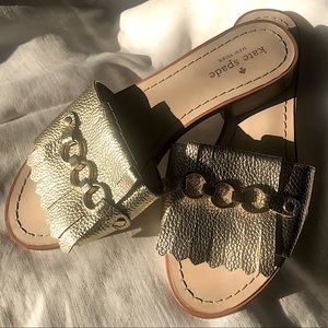 Kate Spade gold fringe and gold trim sandals